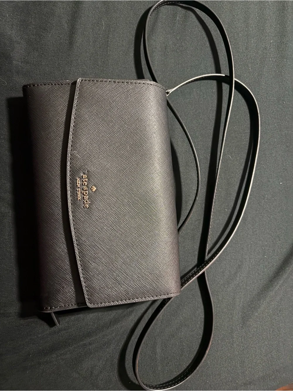 kate spade Black Saffiano Crossbody Wallet with Gold Logo Accent